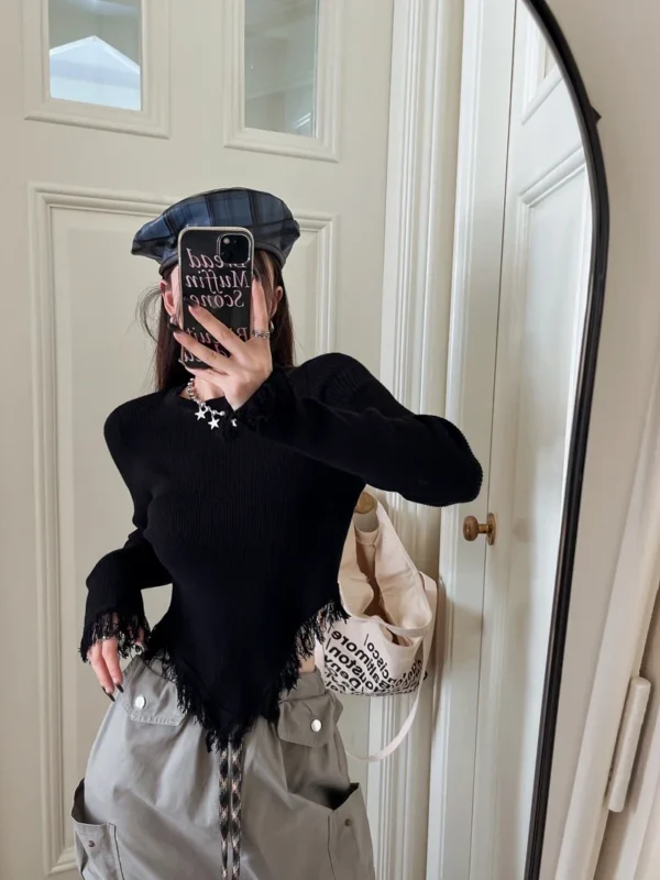Korean Style T Shirt Women Knitted Long Sleeve Shirt Tassel Y2k Vintage Tee Tops Streetwear Tshirts E Girl Crop Tops - Image 6