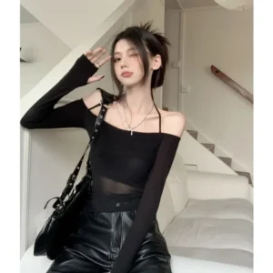 Y2K Top 2025 Women's Sexy Hot Girl Summer One Shoulder Transparent Lace Black Top Versatile Niche Sexy Tight Long Sleeve Top