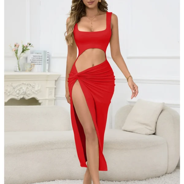 Summer Women Prom Dress Sexy Sleeveless Hollow Side Split Beach Party Evening Bikini Long Skirt Casual Hot Girl Wear - Image 3