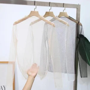 Women Long Sleeve Mesh T-shirts Lace Transparent Sexy Tops Sun Proof Half High Collar Tees Spring Summer Dot Loose Pullover