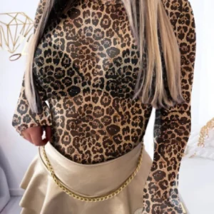 Sexy Rhinestone Leopard Print Mock Neck Long Sleeve T Shirt Casual See Through Slim Fit Pullover Top New Fashion 2025