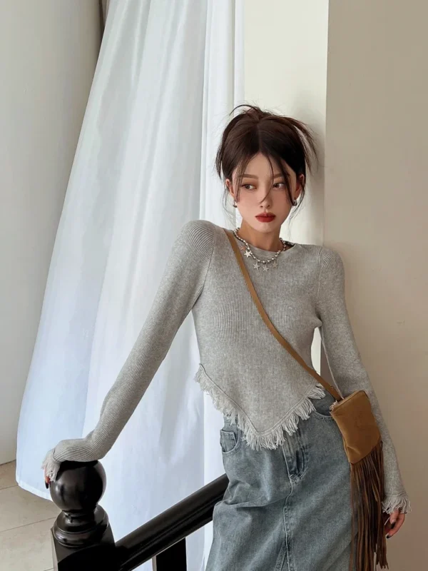 Korean Style T Shirt Women Knitted Long Sleeve Shirt Tassel Y2k Vintage Tee Tops Streetwear Tshirts E Girl Crop Tops - Image 2