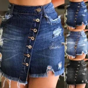 Holes Distressed Short Skirt High Waist Women Washed Single Breasted Slim Fit Sexy Streetwear Female Vintage Denim Mini Skirts