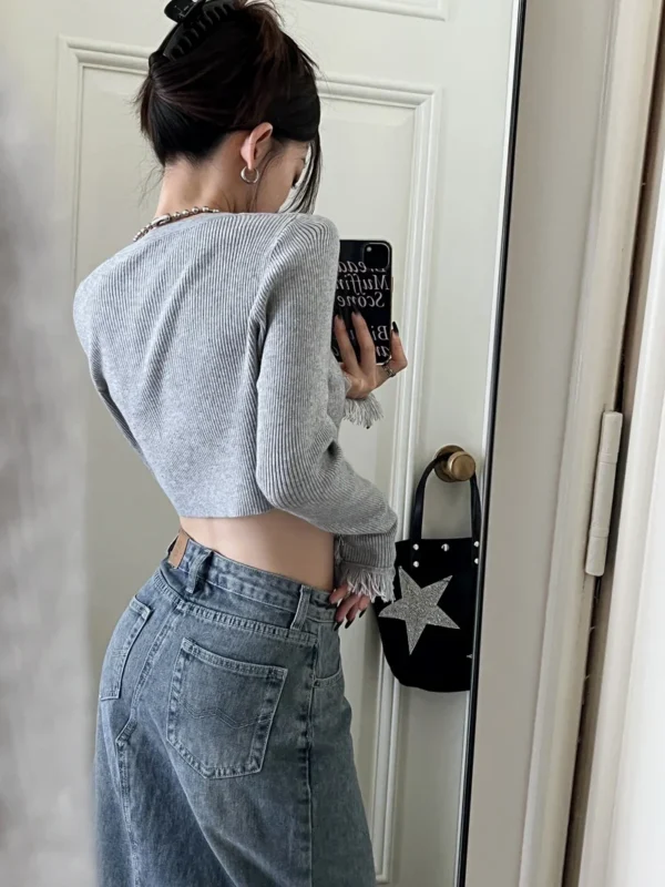 Korean Style T Shirt Women Knitted Long Sleeve Shirt Tassel Y2k Vintage Tee Tops Streetwear Tshirts E Girl Crop Tops - Image 4