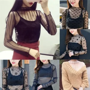See-Through Lace T Shirt Long Sleeve Turtleneck Mesh Ladies Tops Sheer Black Mesh Fishnet Transparent T-shirt Women Girls