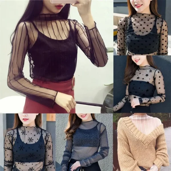 See-Through Lace T Shirt Long Sleeve Turtleneck Mesh Ladies Tops Sheer Black Mesh Fishnet Transparent T-shirt Women Girls