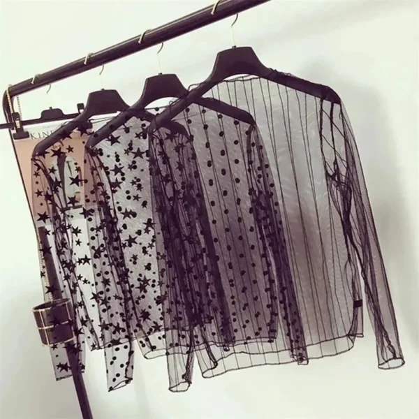 See-Through Lace T Shirt Long Sleeve Turtleneck Mesh Ladies Tops Sheer Black Mesh Fishnet Transparent T-shirt Women Girls - Image 2