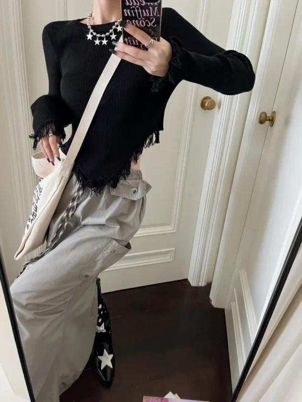 Korean Style T Shirt Women Knitted Long Sleeve Shirt Tassel Y2k Vintage Tee Tops Streetwear Tshirts E Girl Crop Tops - Image 5