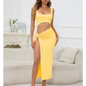 Summer Women Prom Dress Sexy Sleeveless Hollow Side Split Beach Party Evening Bikini Long Skirt Casual Hot Girl Wear