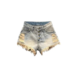 25 New Design Ripped Denim Shorts for Women Sexy Hole High Waist Ruffled Edges Retro Button Tassel Jeans