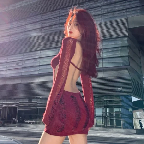 Women's Sexy and Charming Dress 2025 Spring Summer Latest Long Sleeved Knitted Dress Women's Exposed Backpack Hip Short Skirt