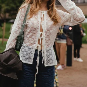 Lace Floral Printed See-Through T-shirt Cardigan Top Female Bow Tie-Up Patchwork Sexy Blouse Tee Women's Y2k Cropped Top