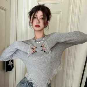 Korean Style T Shirt Women Knitted Long Sleeve Shirt Tassel Y2k Vintage Tee Tops Streetwear Tshirts E Girl Crop Tops