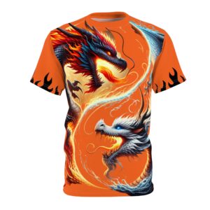 Vibrant Dragon Graphic Tee, AOP Unisex T-Shirt, Fantasy Merch, Gift for Gamers, Mythical Creature Fashion, Unique Art Apparel