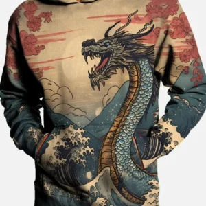 Japanese Ukiyo-e Men's Fashion 3D Print Dragon Hoodie Outdoor Hoodies Hooded Print Front Pocket Fall Designer Hoodies Sweatshirt