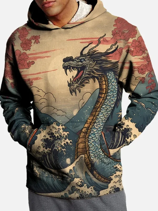 Japanese Ukiyo-e Men's Fashion 3D Print Dragon Hoodie Outdoor Hoodies Hooded Print Front Pocket Fall Designer Hoodies Sweatshirt