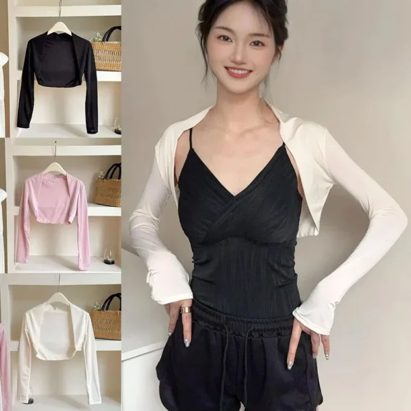 Solid Color Ice Silk Arm Shawl Sleeves All-match Basic Thin Cardigan UV Protection Women Crop Top Long Sleeve Spring Summer - Image 2