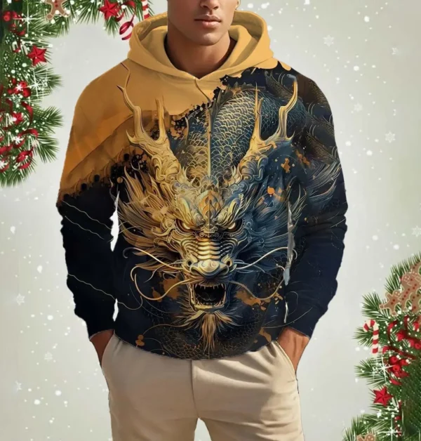 Men's Hooded Animal Dragon 3D Print Hoodies Top 2024 New Autumn Fashion Casual Long Sleeved Pullover Oversized Sweatshirt Tops - Image 5