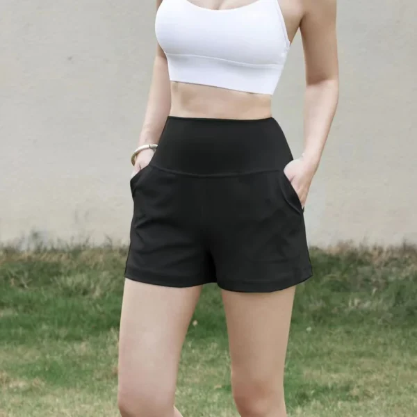 Solid color high waist, hip lifting, fitness pocket, elastic sports shorts, running, cycling, base, wearing yoga pants for women - Image 3