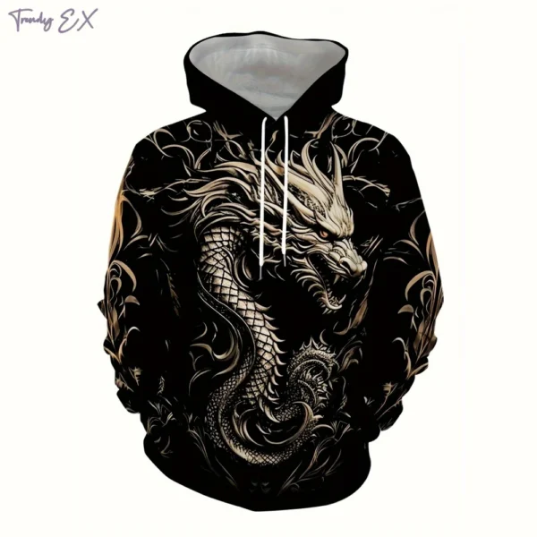 Dragon Pattern Print Hooded Sweatshirt Man Classic Streetwear Oversized Hoodie Casual Kangaroo Pocket Long Sleeve Sweatshirts - Image 2