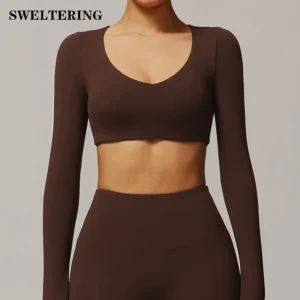 Yoga T-shirts Sexy Women Crop Tops Workout Sports Top Long Sleeve Running Shirts Exposed Navel Quick Dry Fitness Gym Sport Wear