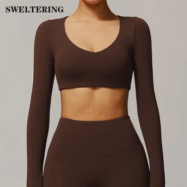 Yoga T-shirts Sexy Women Crop Tops Workout Sports Top Long Sleeve Running Shirts Exposed Navel Quick Dry Fitness Gym Sport Wear