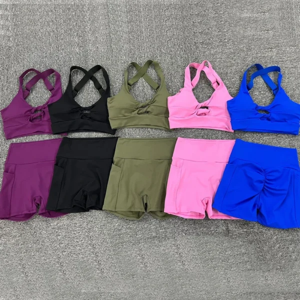 QK Nylon Pocket Women Booty Yoga set Twist Sports Bra Fitness Squat Proof Scrunch Shorts Running Gym Activewear Workout Suit - Image 3