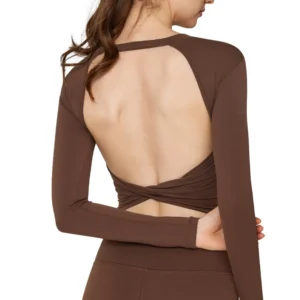 Sexy Backless Tight Sport Top Gym Yoga Shirts Women Long Sleeve Workout Fitness Crop Top with Chest Pad Running Clothing Kink He