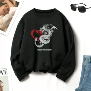 Street Women Sweatshirts Follow Your Heart Dragon Printed Hoodies Fleece Warm Pullover Fashion Crewneck Loose Female Clothes