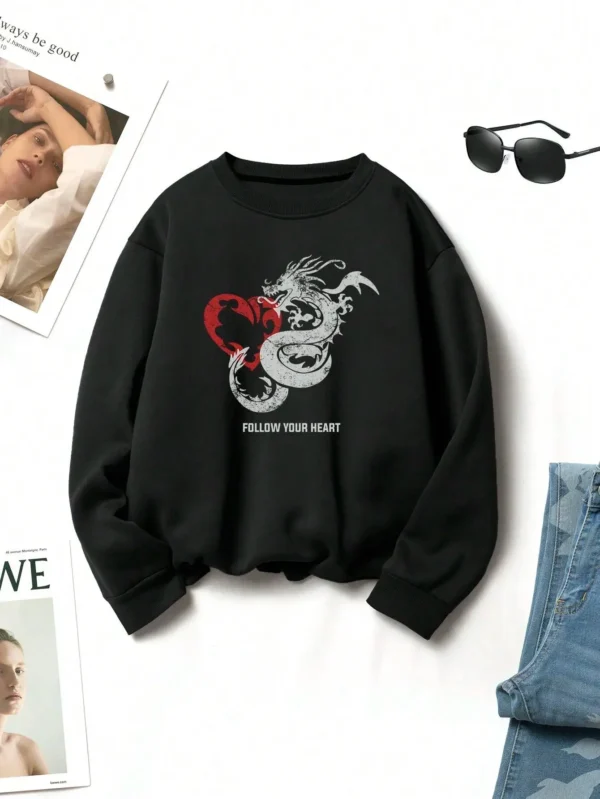 Street Women Sweatshirts Follow Your Heart Dragon Printed Hoodies Fleece Warm Pullover Fashion Crewneck Loose Female Clothes