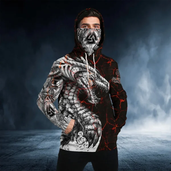 Black & White Tattoo Dragon 3D All Over Printed Adult Neck Gaiter Hoodie Winter Unisex Casual Warm thicken Hoodie with Mask ZZ01 - Image 2