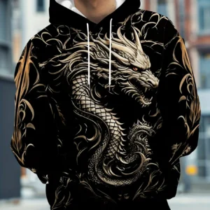 Dragon Pattern Print Hooded Sweatshirt Man Classic Streetwear Oversized Hoodie Casual Kangaroo Pocket Long Sleeve Sweatshirts
