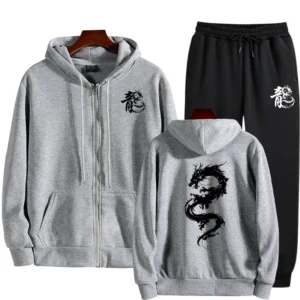 Man Zip-up Hoodies and Sweatpants Chinese Dragon Printed Jacket Jogger Trousers All Season Male Daily Casual Sports Jogging Suit