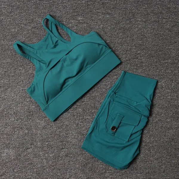 Fitness Shorts Yoga Sets Women's Tracksuit High Waist Sportswear Bra Workout Leggings Cycling Gym Shorts Sports Suit With Pocket - Image 2
